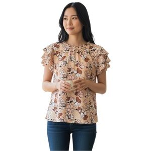 Liz Claiborne Floral Top, Ruffle Short Sleeve - Color Sweet Champagne, Sz Medium